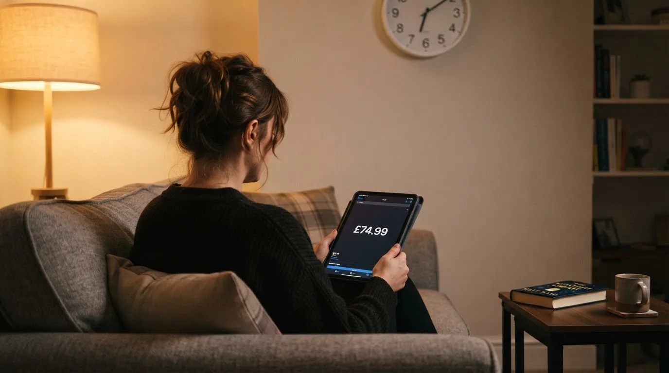 A person on a sofa looking thoughtfully at a tablet, a wall clock in the background