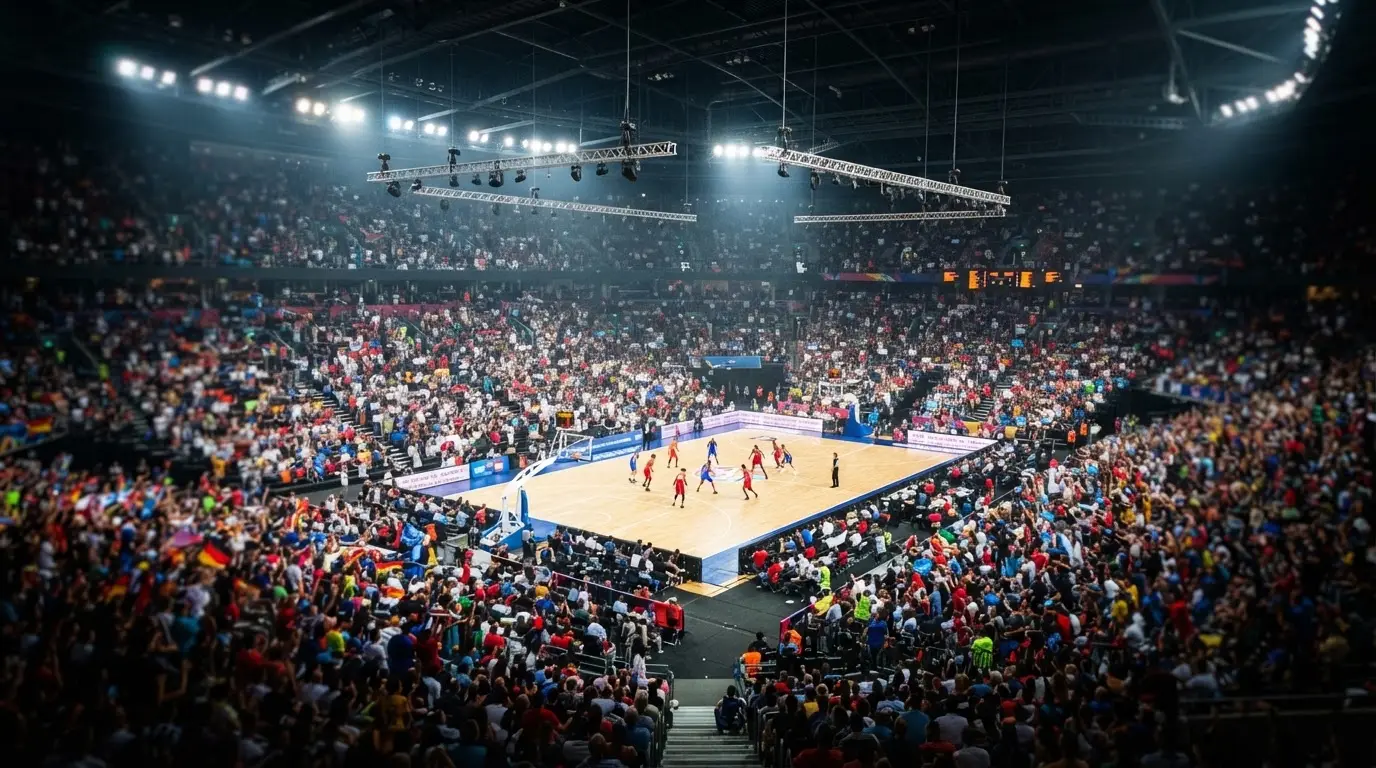 A packed sports hall under floodlights photographed from a long way off