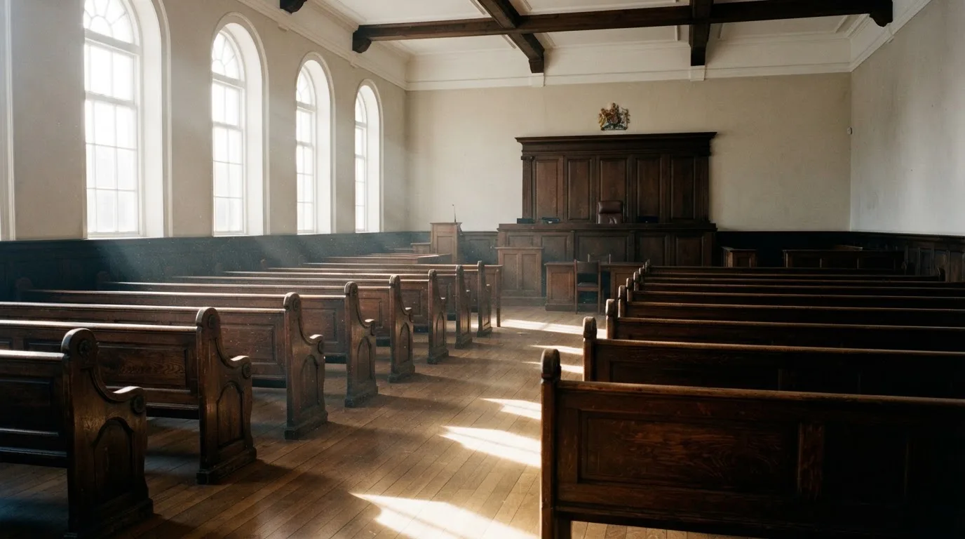 An empty courtroom with wooden benches in morning light