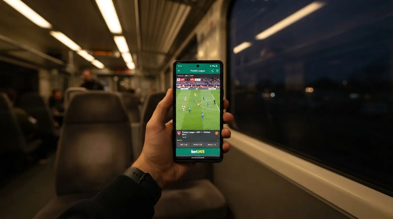 A hand holding a smartphone on a train in the evening, screen turned away