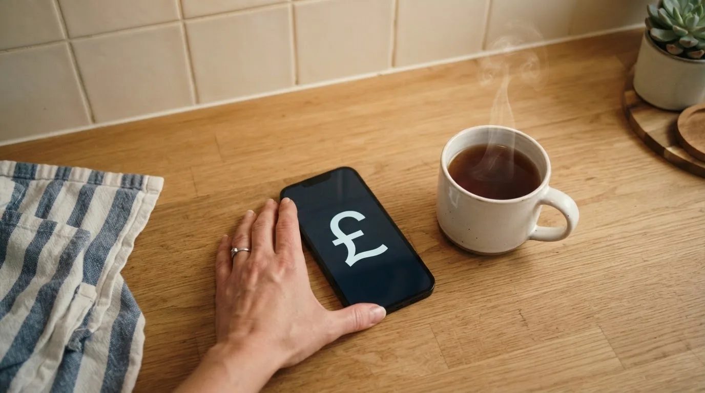 A hand setting a smartphone down beside a cup of tea on a kitchen table on a quiet evening