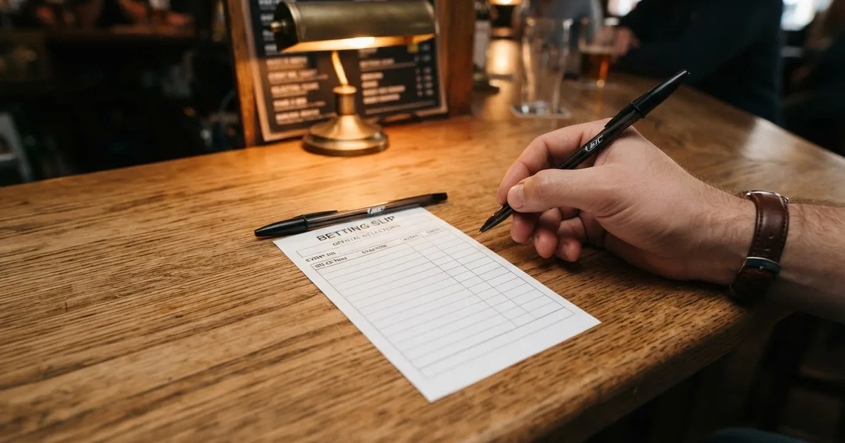 A blank paper betting slip beside a pen on a wooden counter