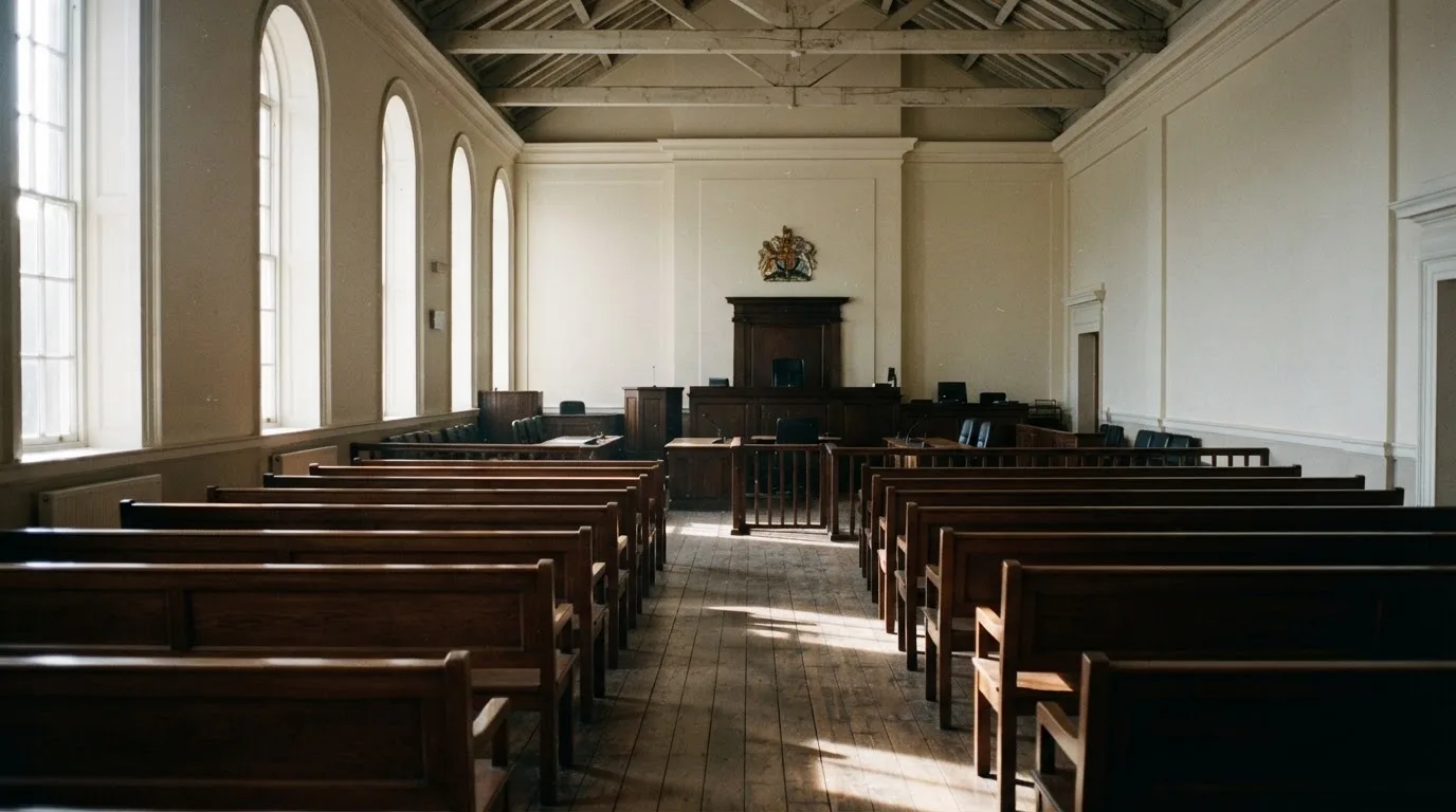 An empty courtroom with wooden benches in morning light