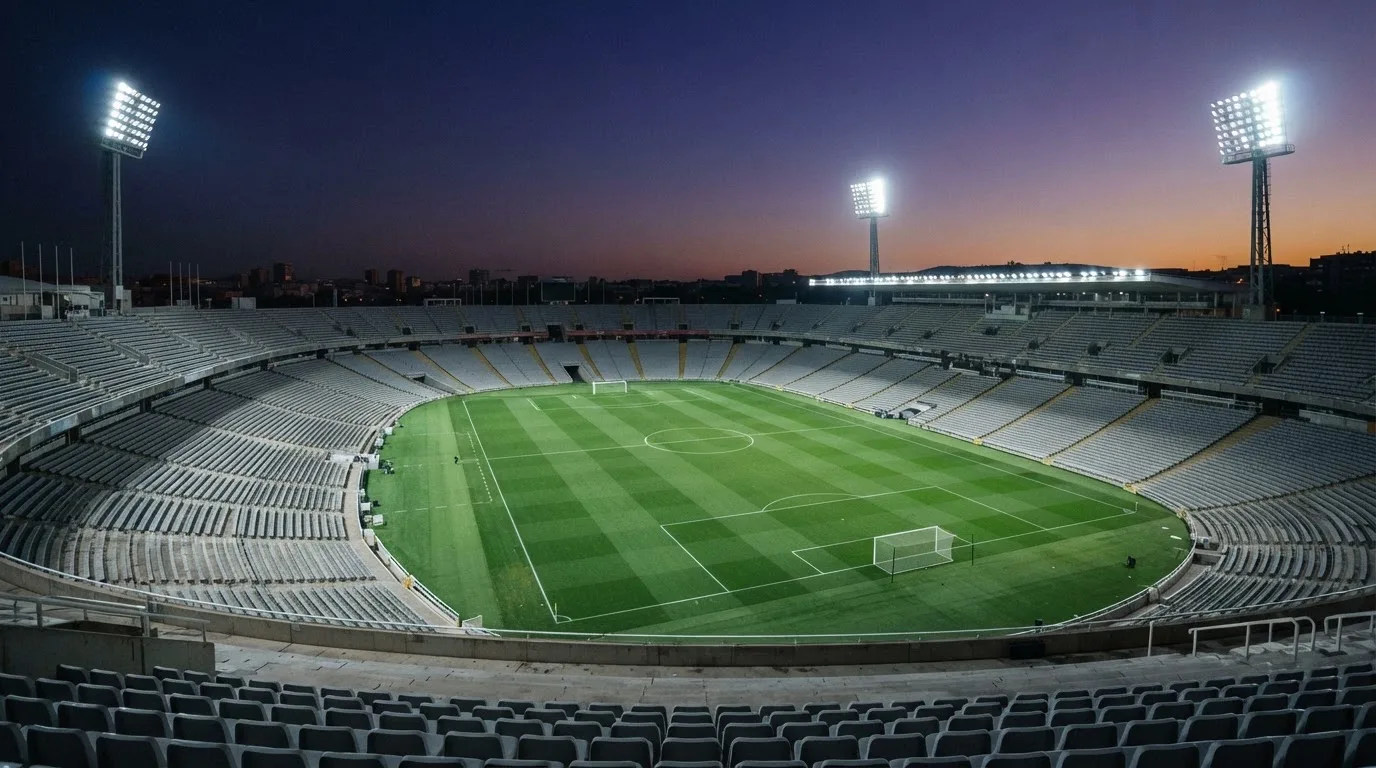 An empty football stadium with floodlight masts at dusk