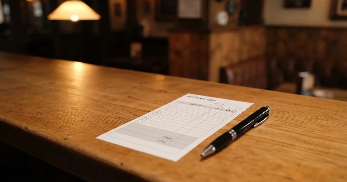 A blank paper betting slip beside a pen on a wooden counter