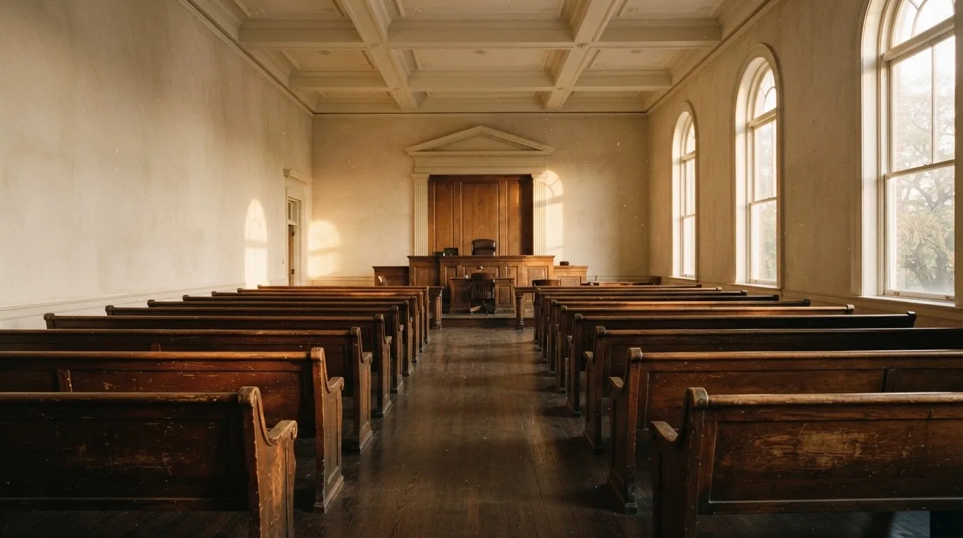 An empty courtroom with wooden benches in morning light