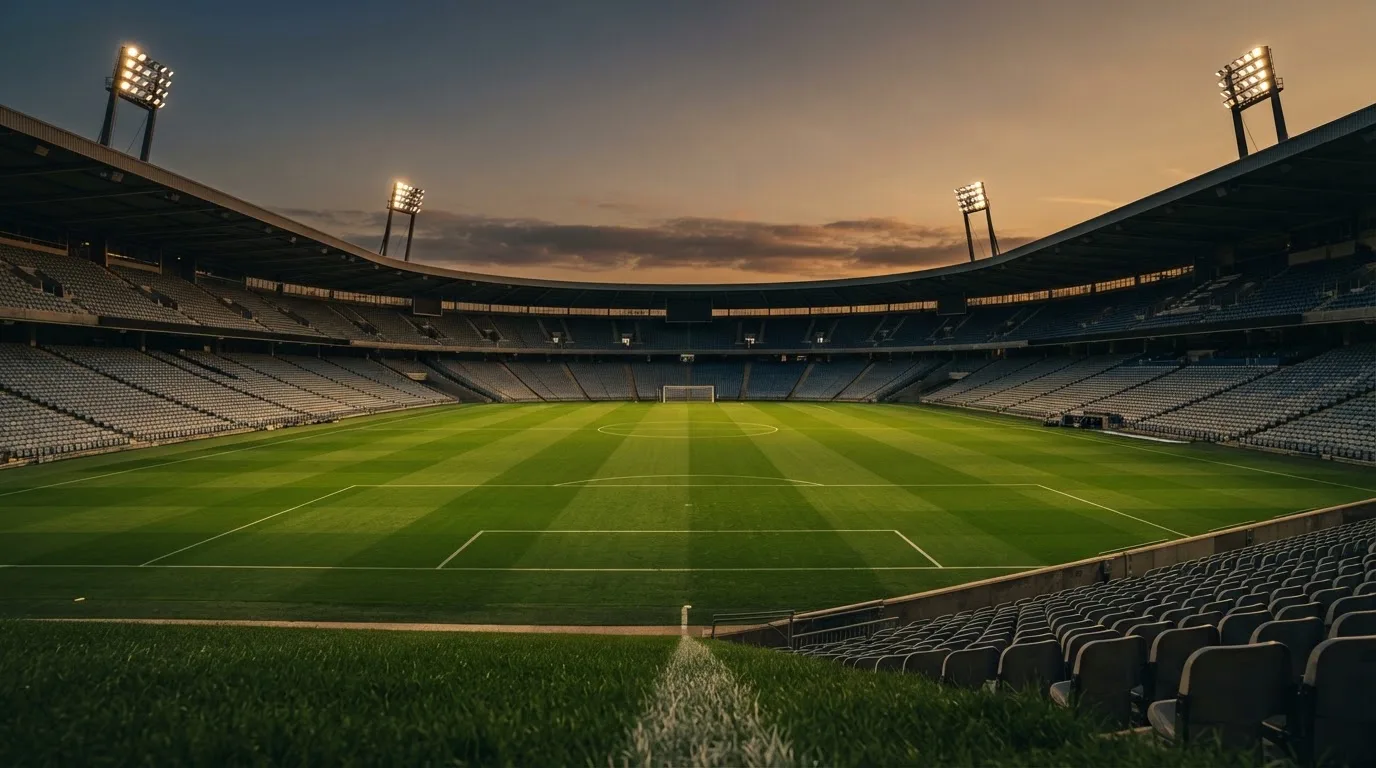 An empty football stadium with floodlight masts at dusk