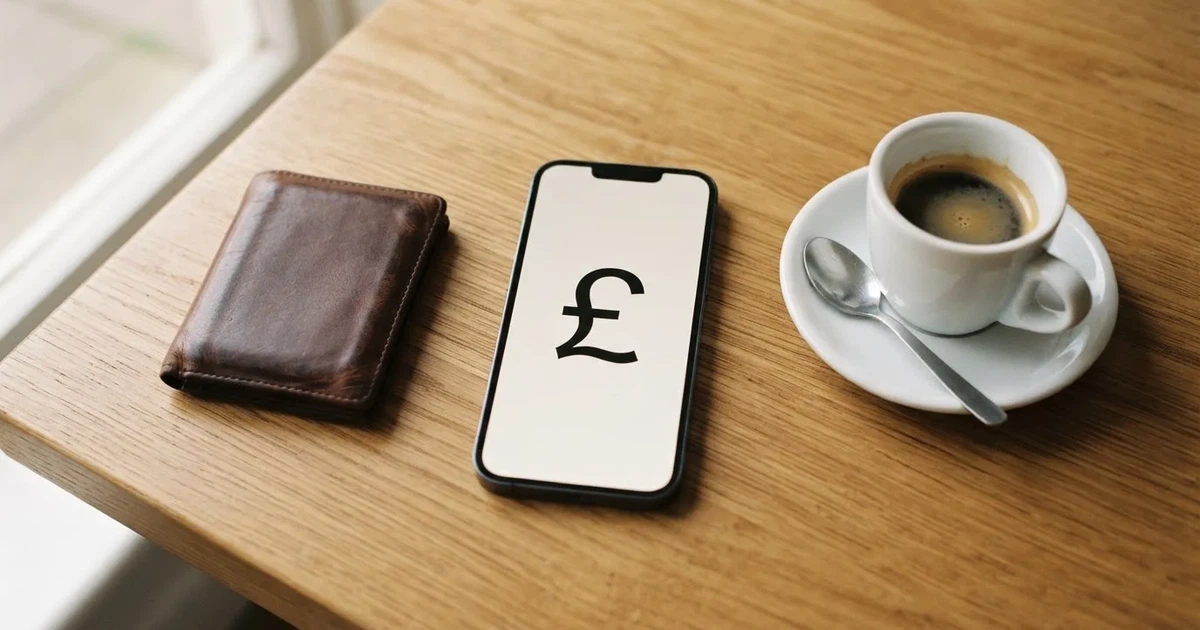 A smartphone on a wooden table beside a wallet and a coffee cup