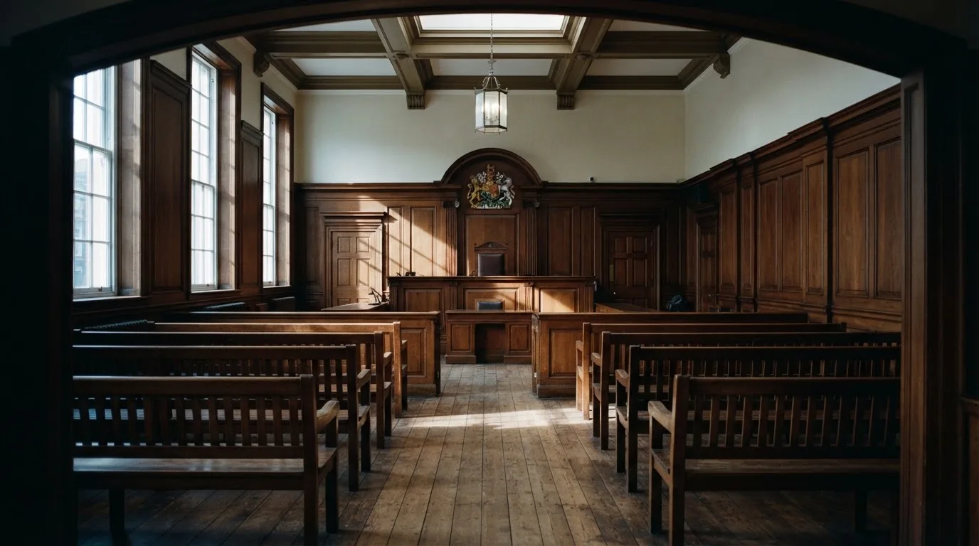 An empty courtroom with wooden benches in morning light