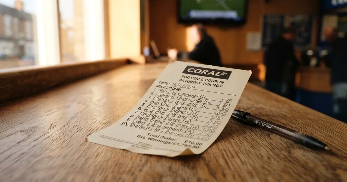 A blank paper betting slip beside a pen on a wooden counter