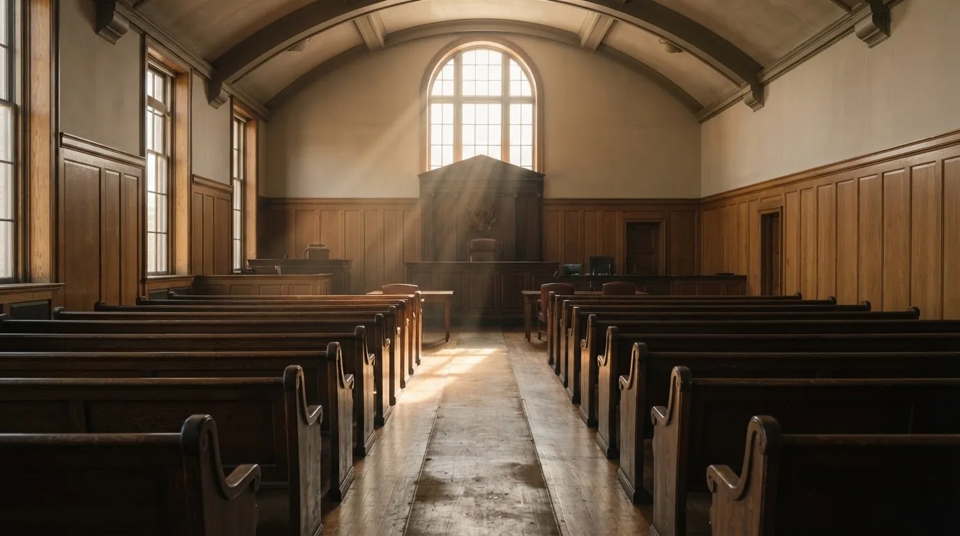 An empty courtroom with wooden benches in morning light