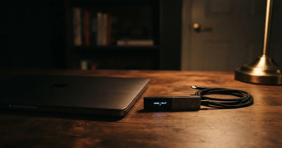A hardware wallet and a closed laptop on a desk in dim light