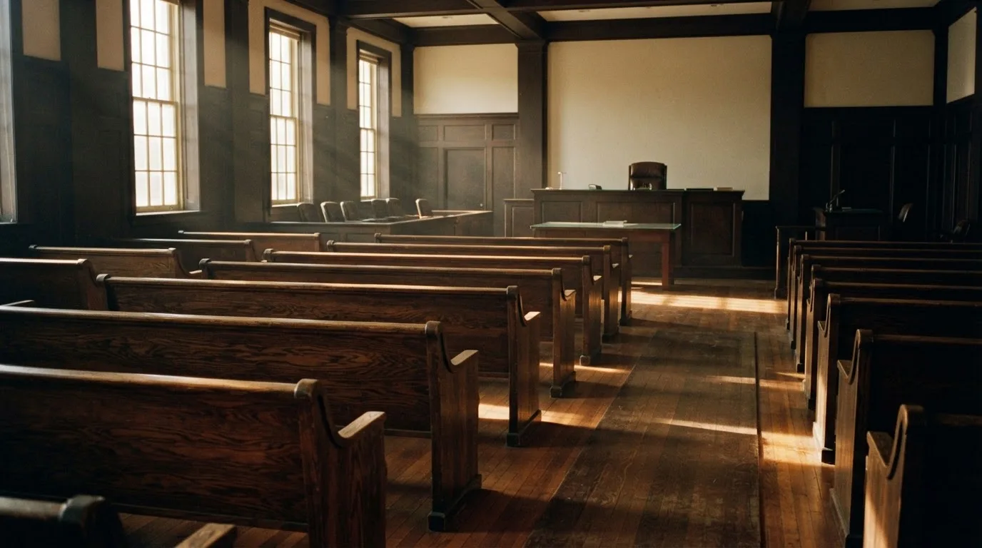 An empty courtroom with wooden benches in morning light