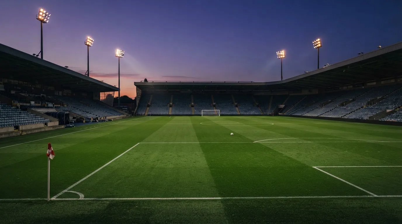 An empty football stadium with floodlight masts at dusk