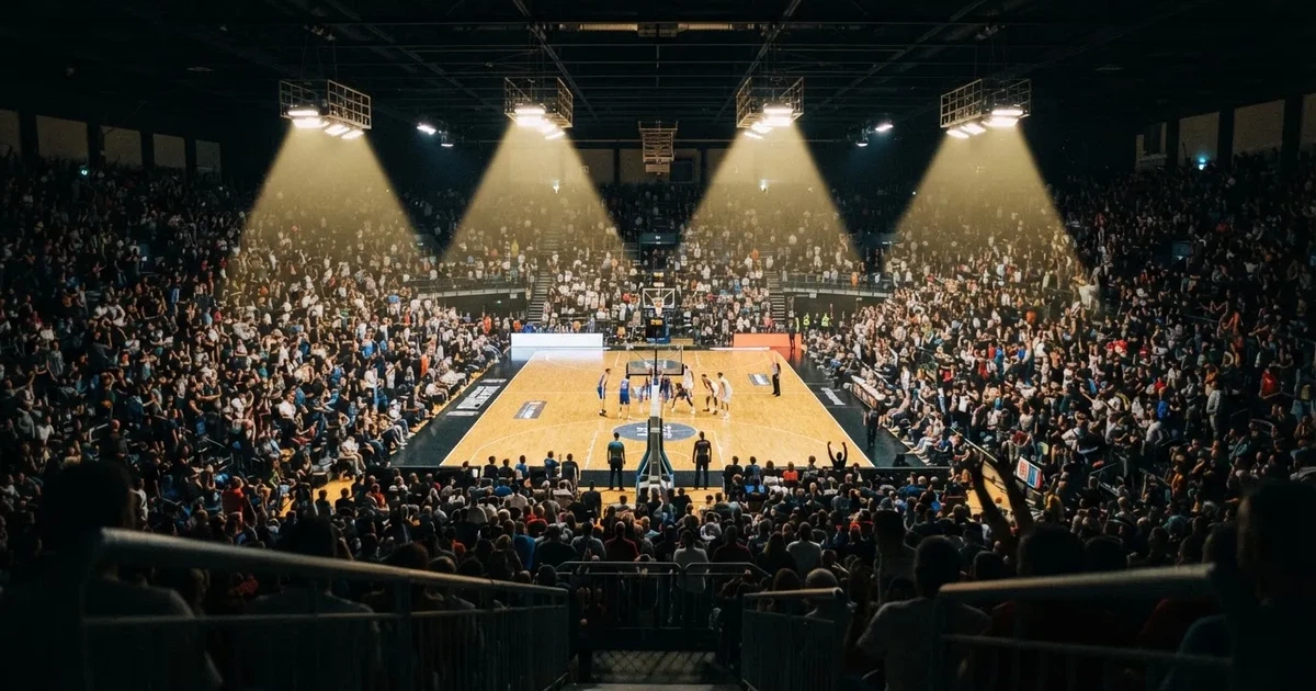 A packed sports hall under floodlights photographed from a long way off