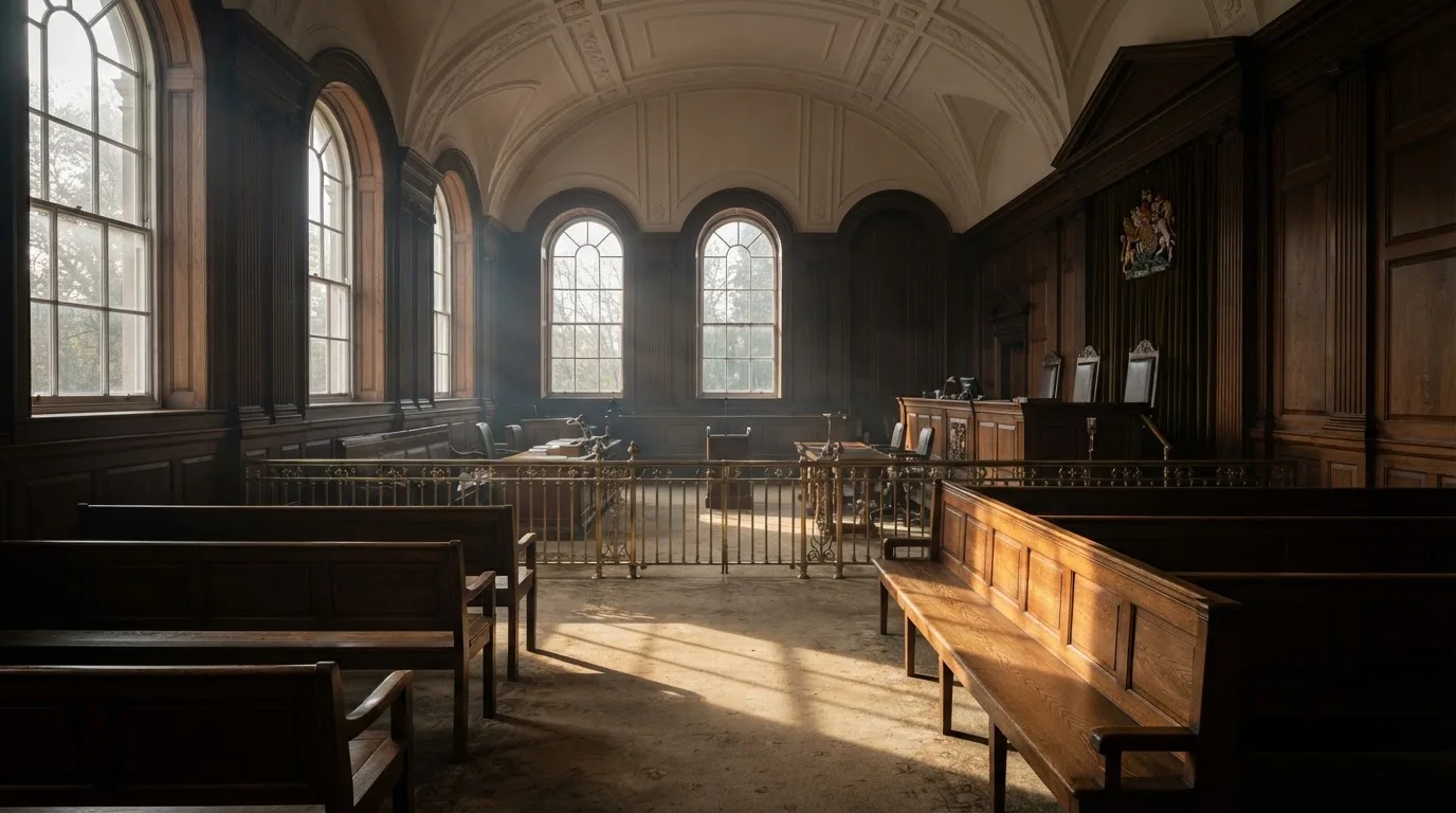 An empty courtroom with wooden benches in morning light