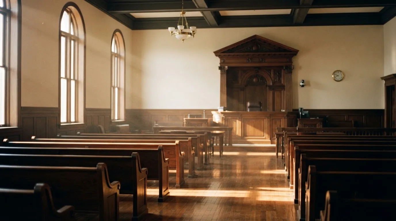 An empty courtroom with wooden benches in morning light