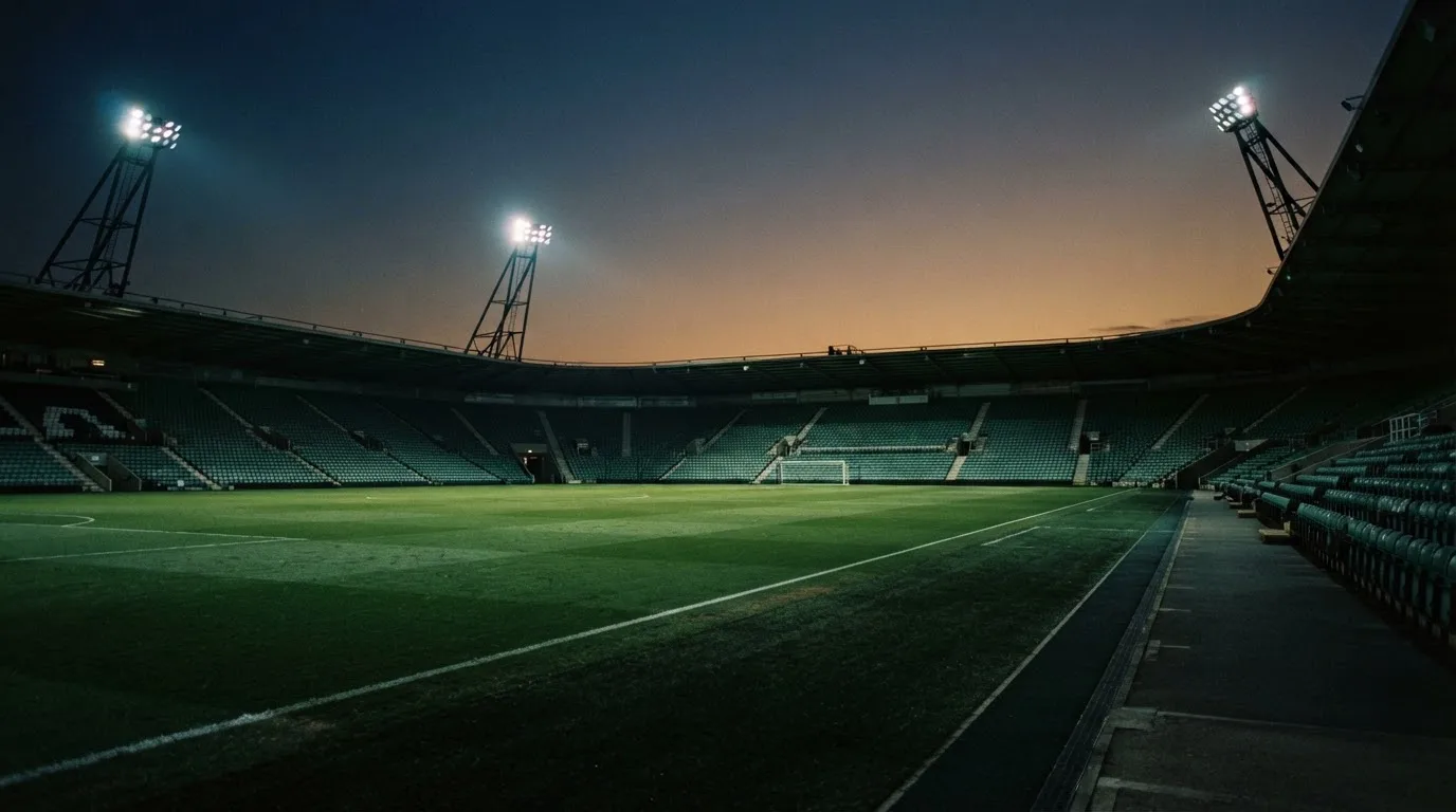 An empty football stadium with floodlight masts at dusk