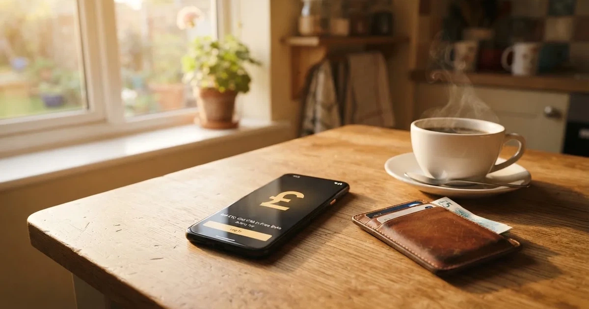 A smartphone on a wooden table beside a wallet and a coffee cup