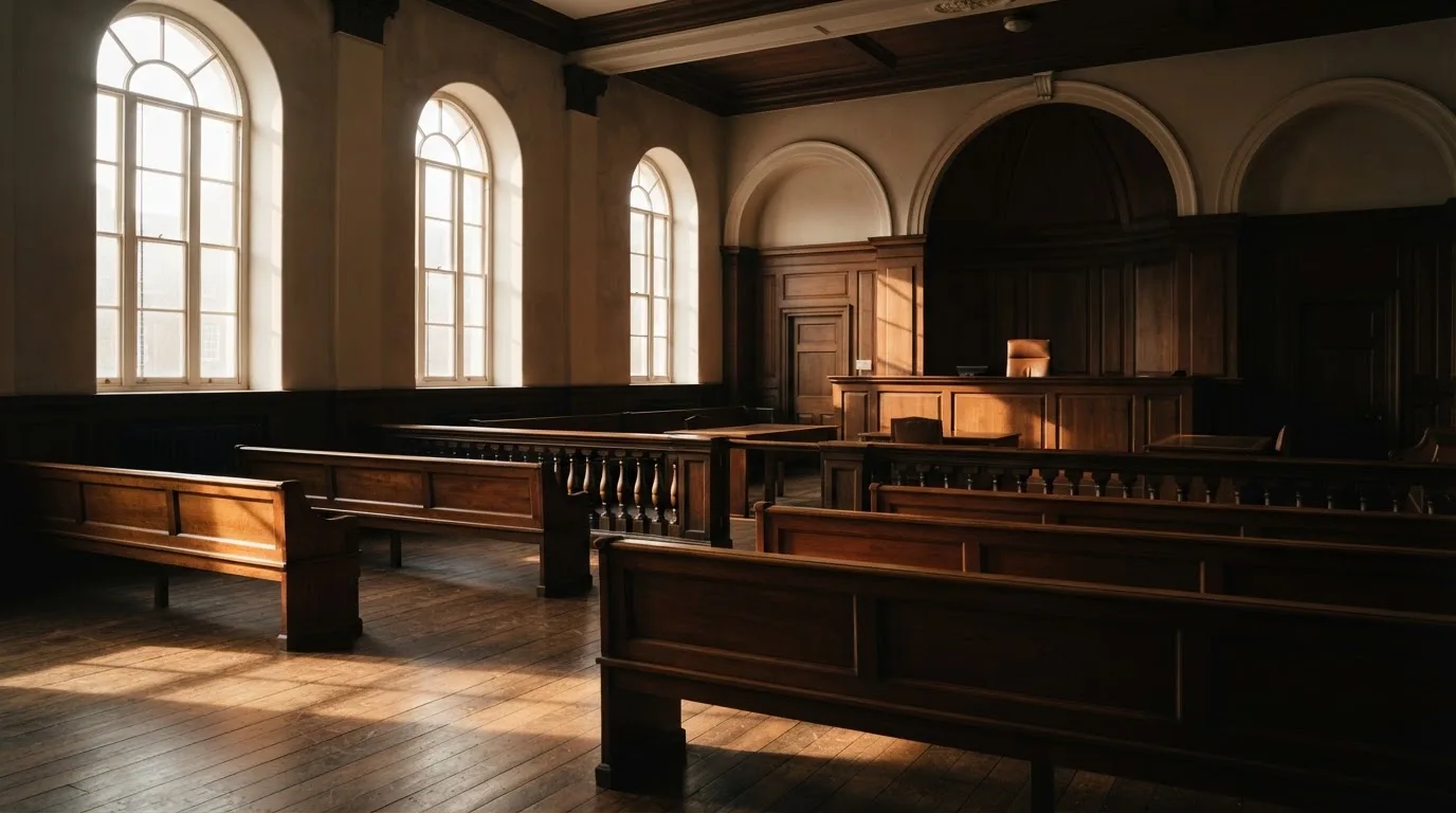 An empty courtroom with wooden benches in morning light