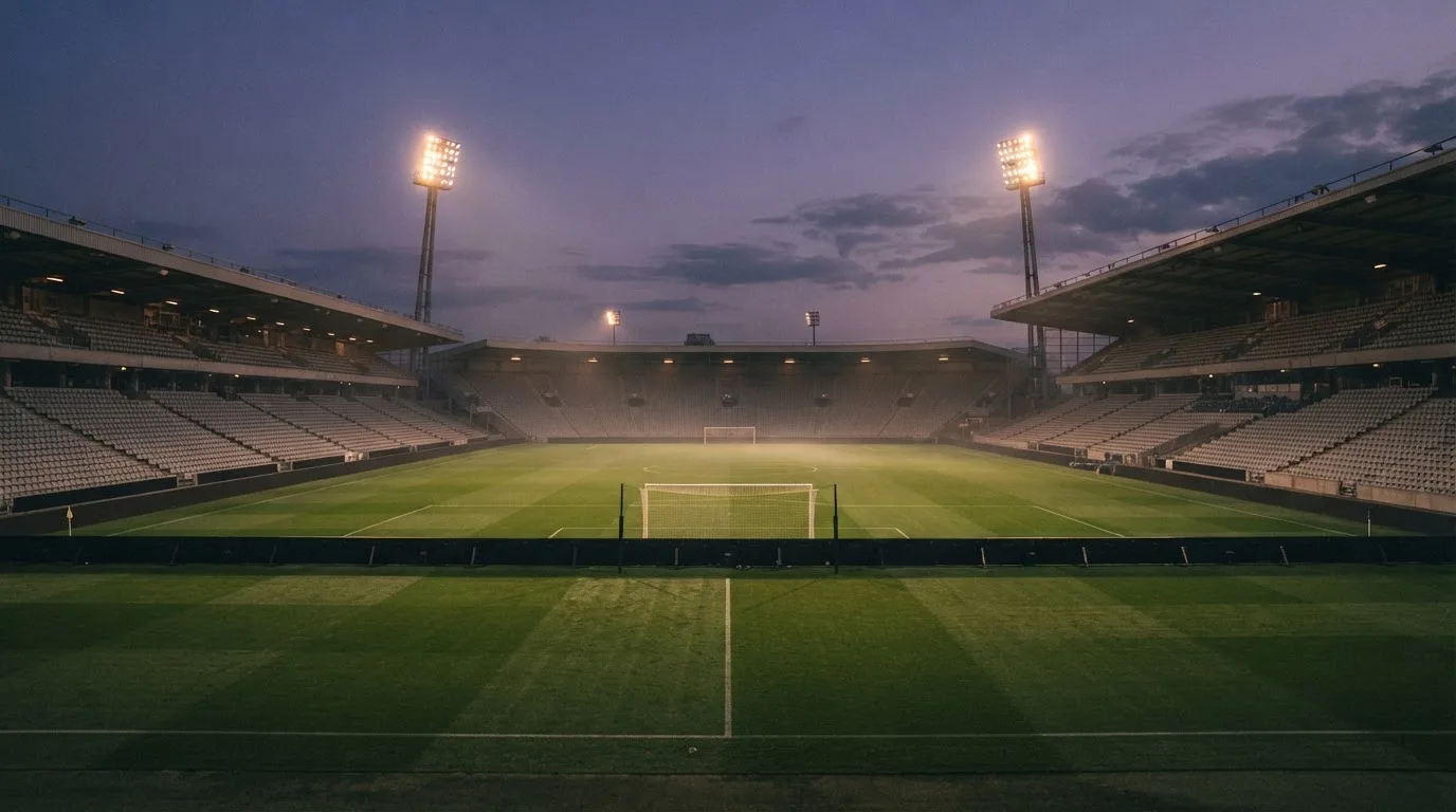 An empty football stadium with floodlight masts at dusk