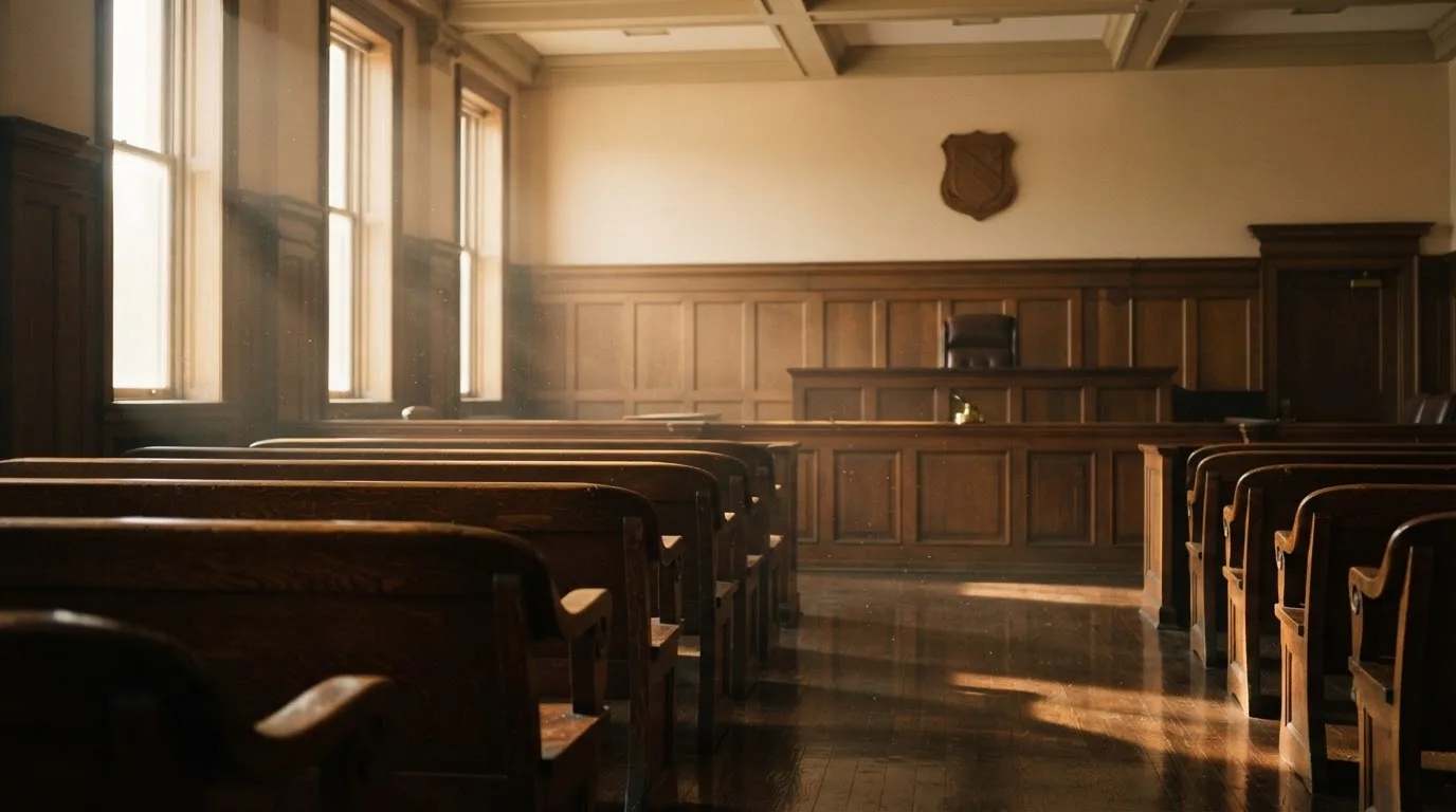 An empty courtroom with wooden benches in morning light