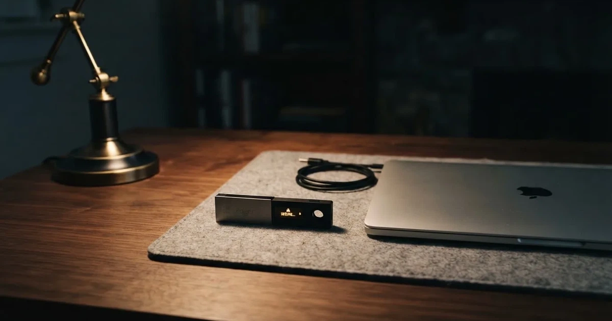 A hardware wallet and a closed laptop on a desk in dim light