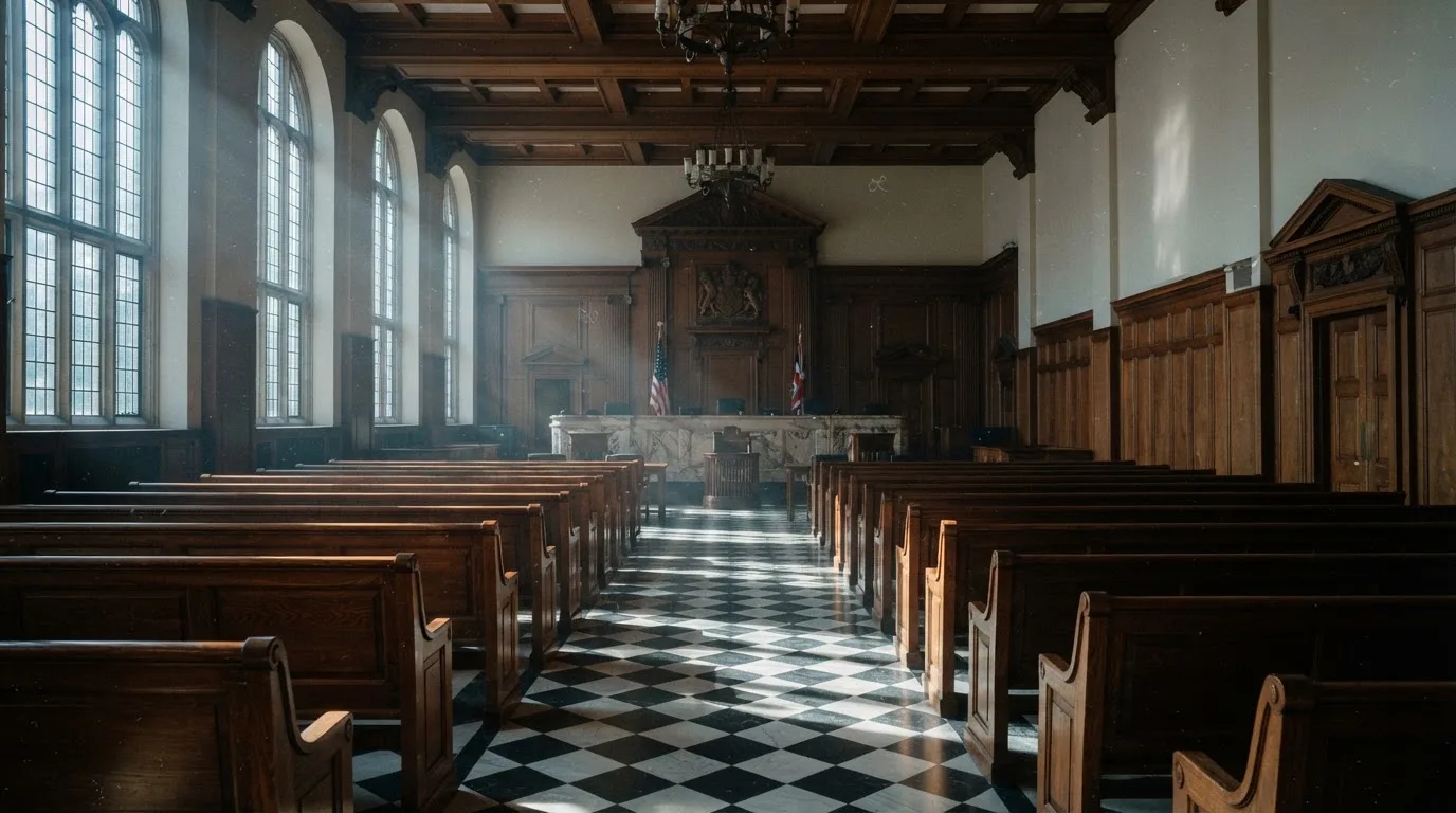 An empty courtroom with wooden benches in morning light