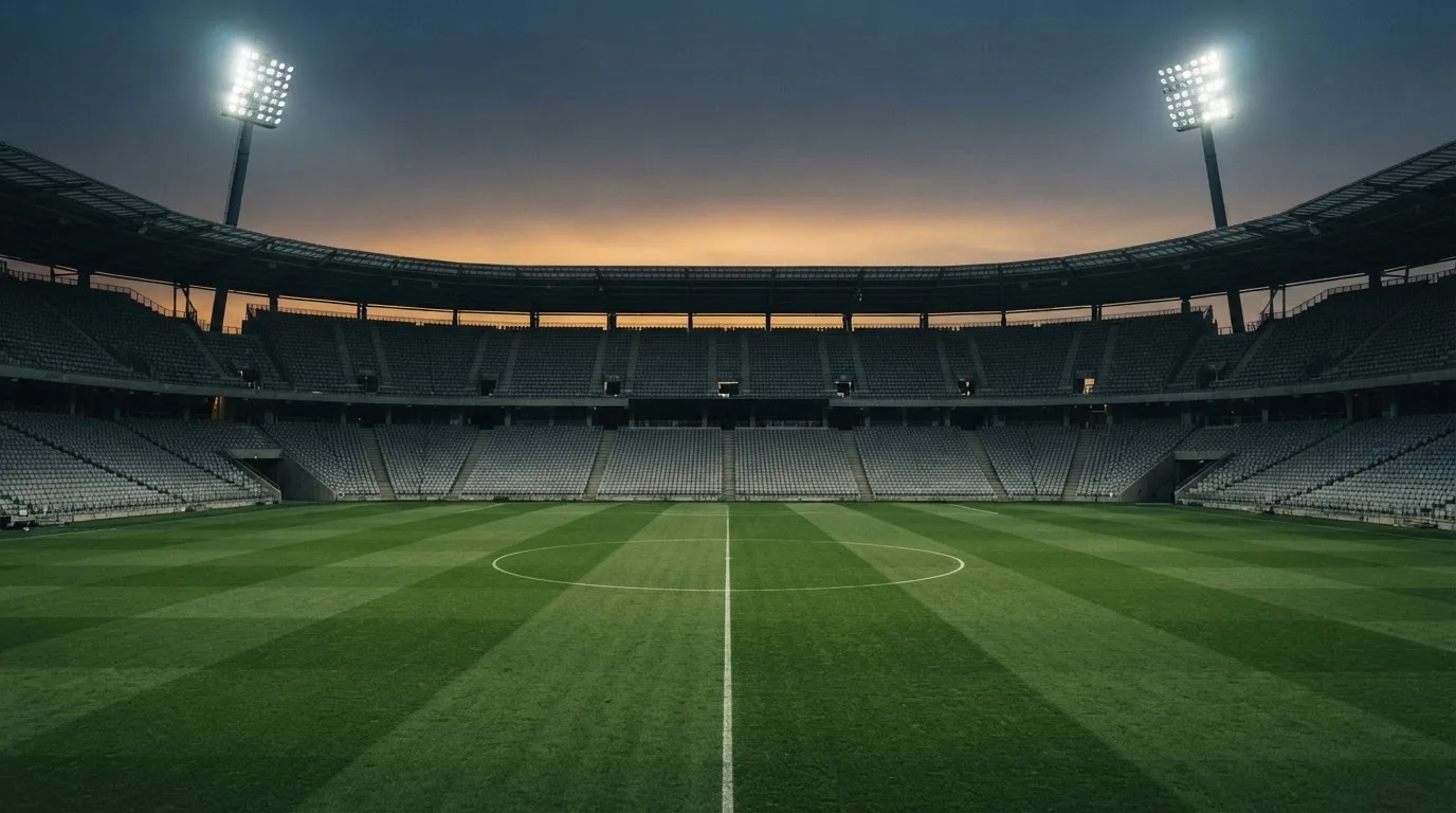 An empty football stadium with floodlight masts at dusk