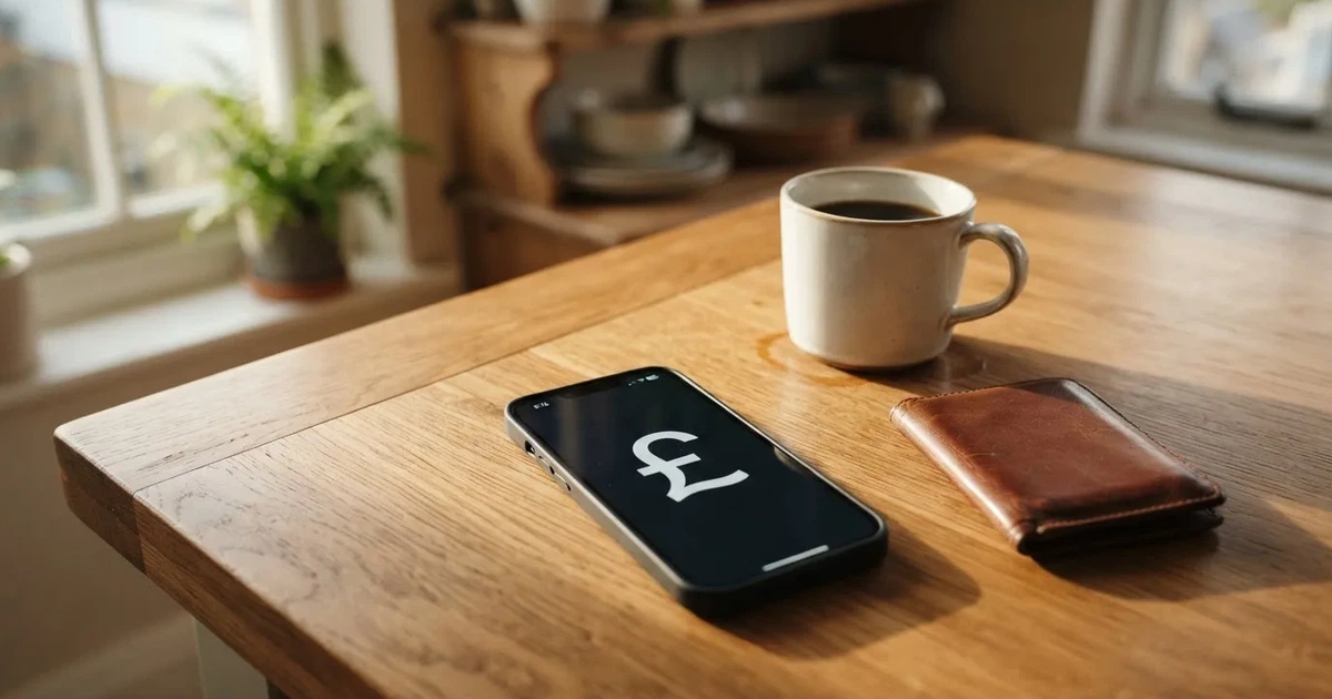 A smartphone on a wooden table beside a wallet and a coffee cup