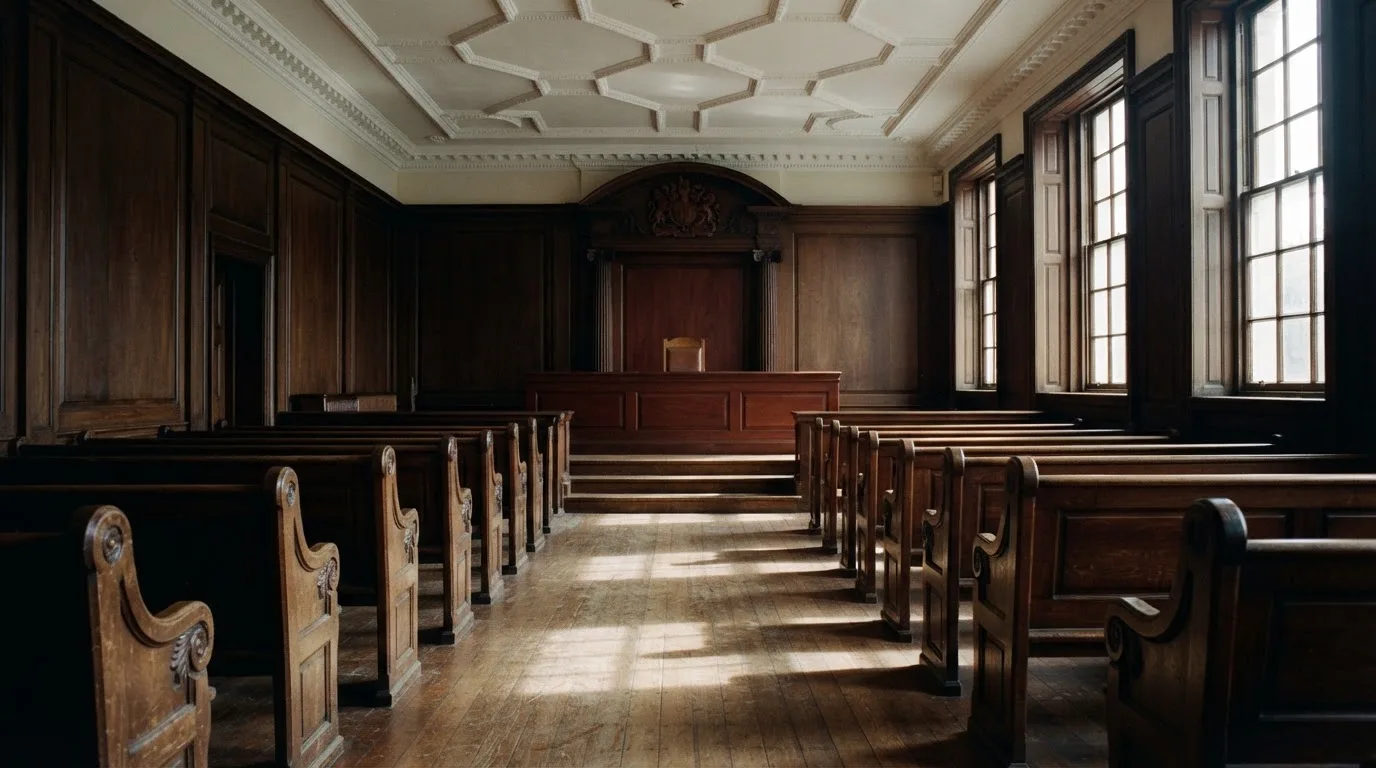 An empty courtroom with wooden benches in morning light
