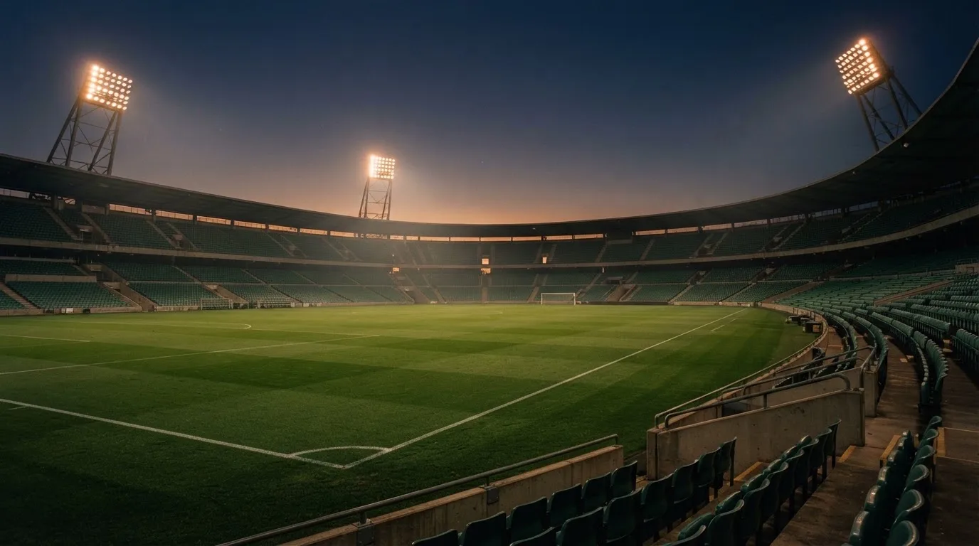 An empty football stadium with floodlight masts at dusk
