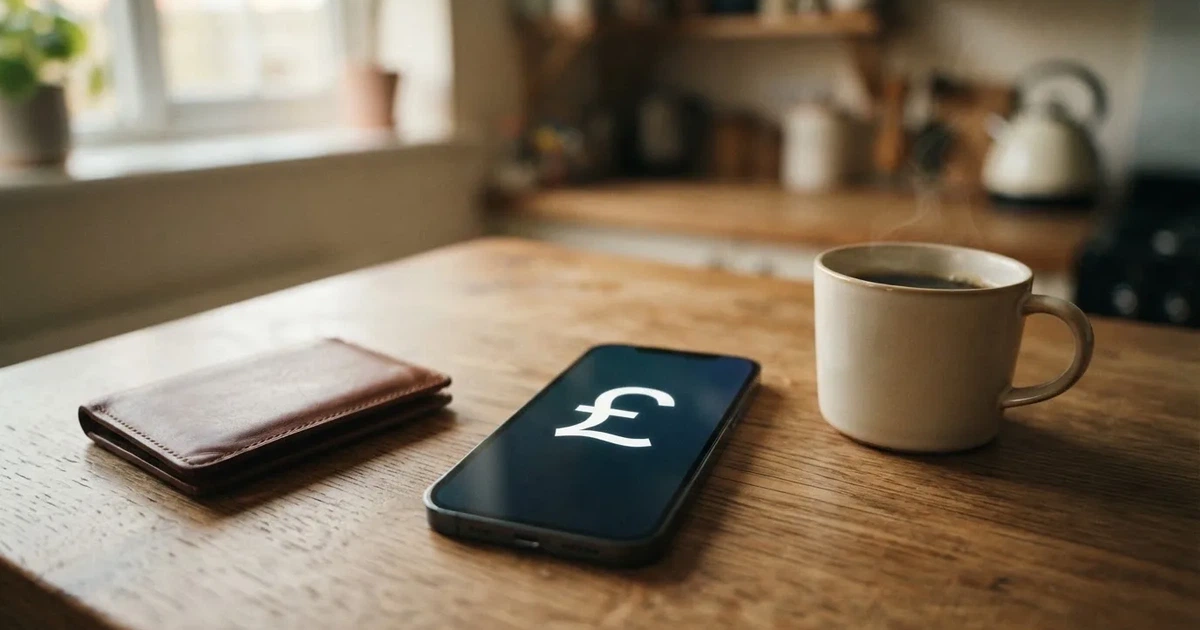 A smartphone on a wooden table beside a wallet and a coffee cup