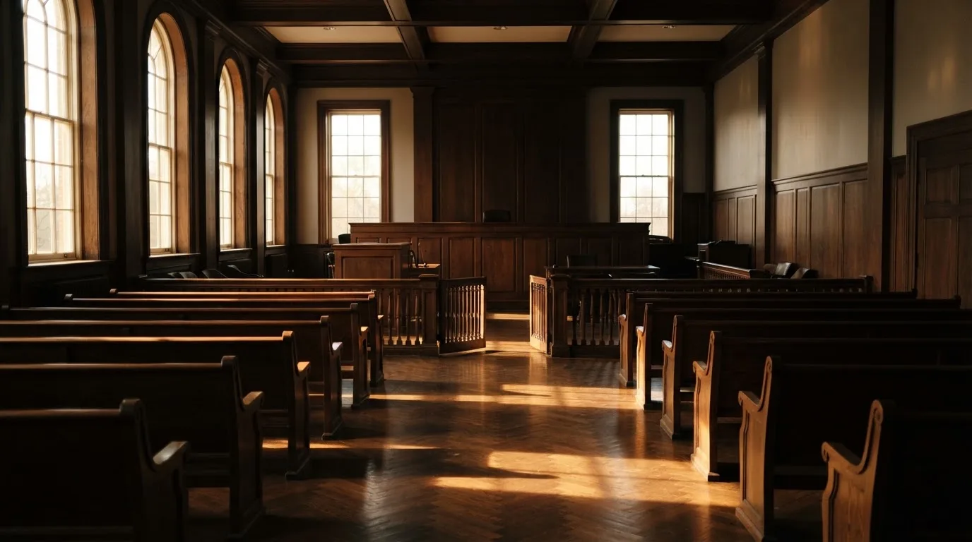 An empty courtroom with wooden benches in morning light