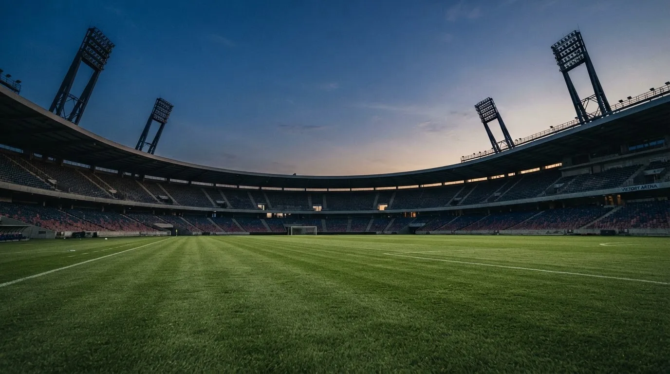An empty football stadium with floodlight masts at dusk