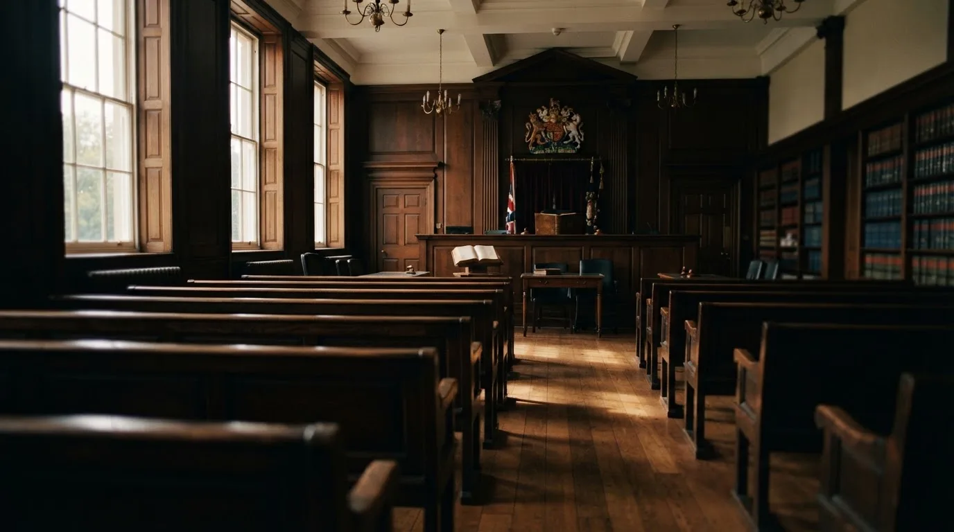 An empty courtroom with wooden benches in morning light