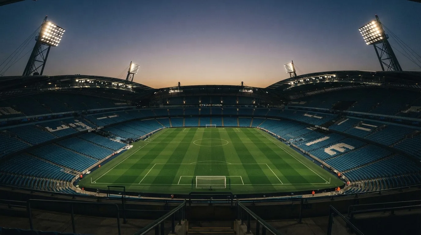 An empty football stadium with floodlight masts at dusk