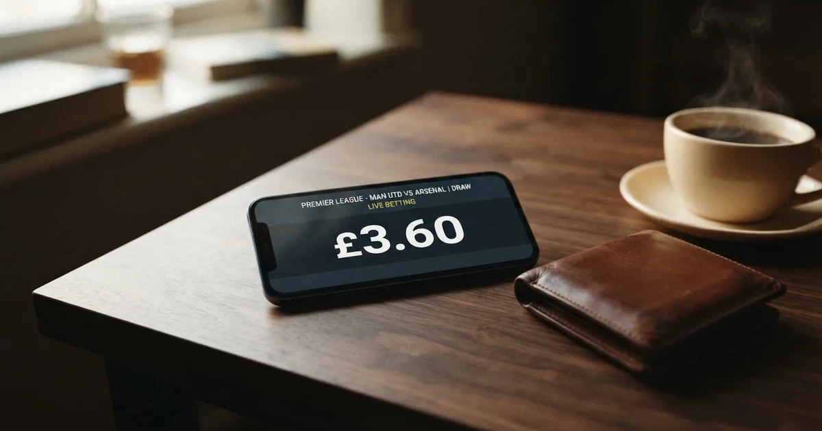 A smartphone on a wooden table beside a wallet and a coffee cup