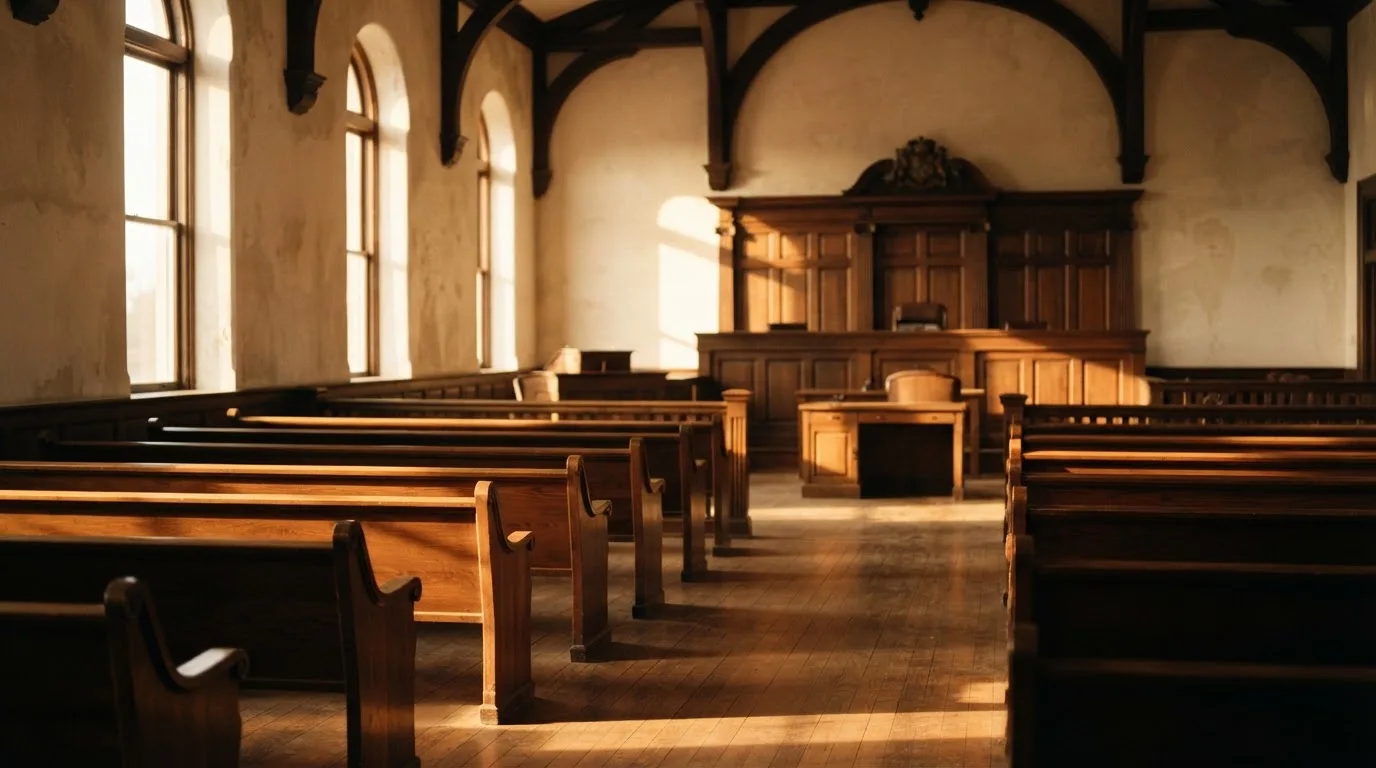 An empty courtroom with wooden benches in morning light
