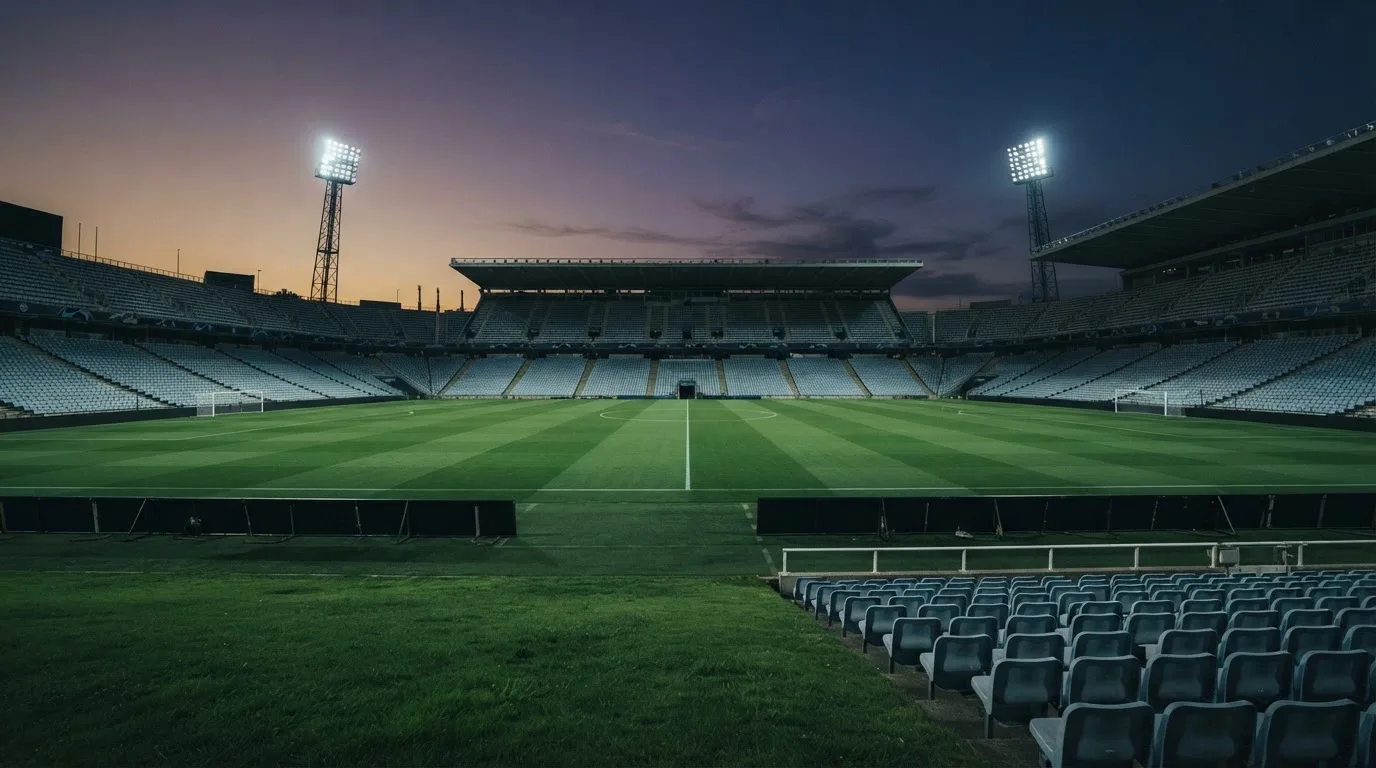 An empty football stadium with floodlight masts at dusk