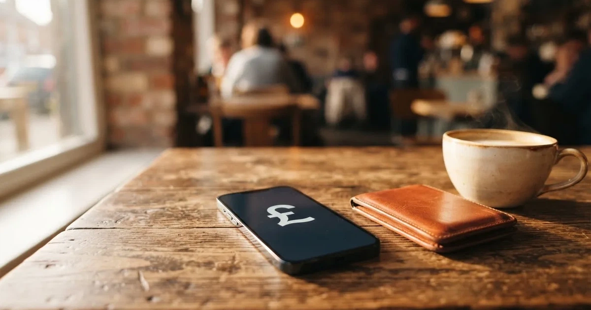 A smartphone on a wooden table beside a wallet and a coffee cup