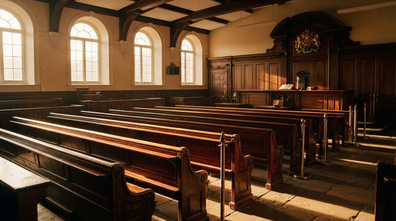 An empty courtroom with wooden benches in morning light
