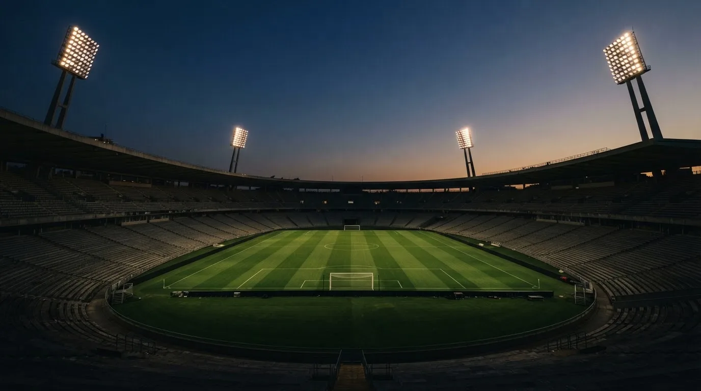 An empty football stadium with floodlight masts at dusk