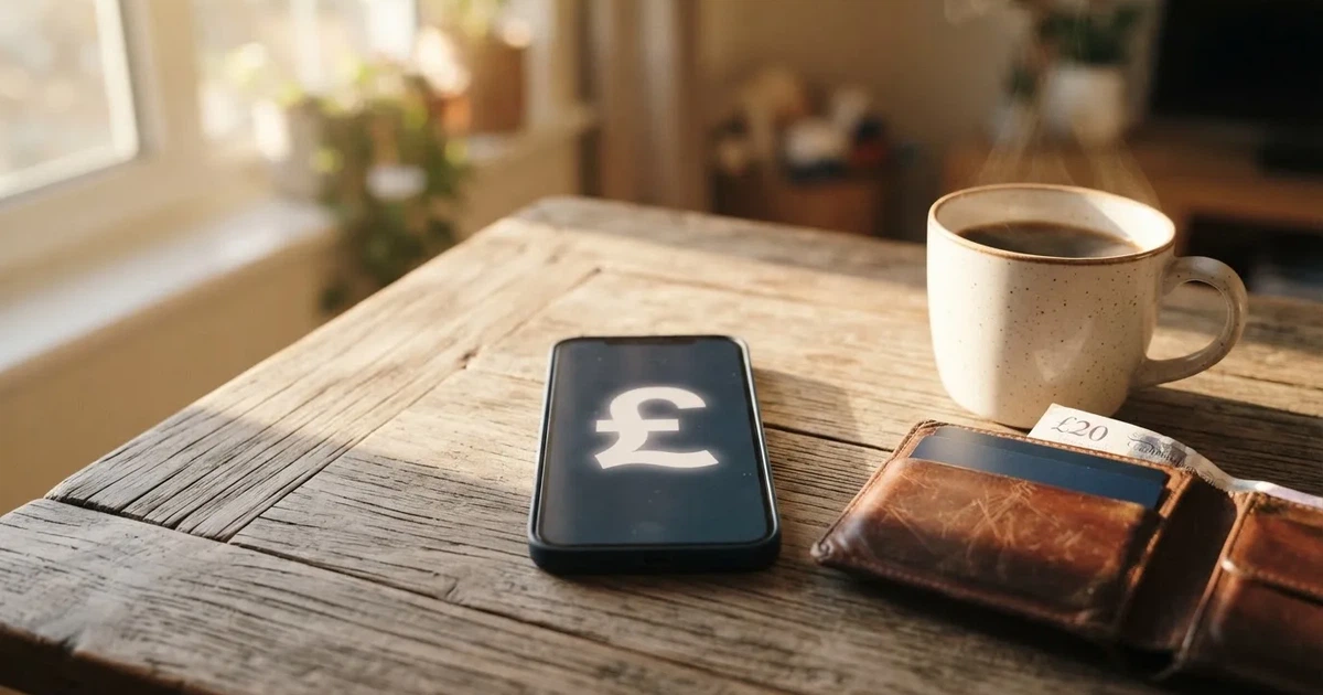A smartphone on a wooden table beside a wallet and a coffee cup