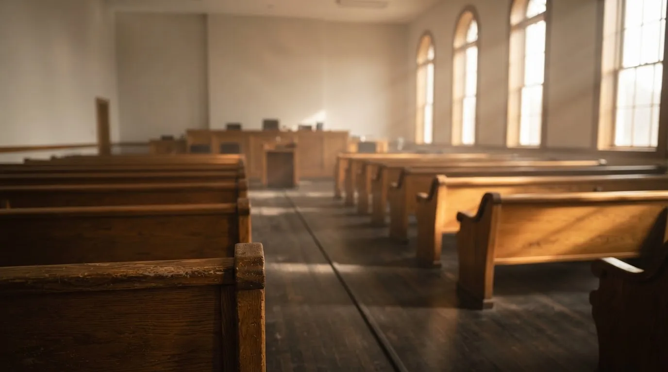 An empty courtroom with wooden benches in morning light