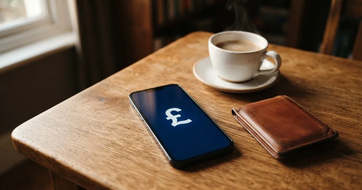A smartphone on a wooden table beside a wallet and a coffee cup