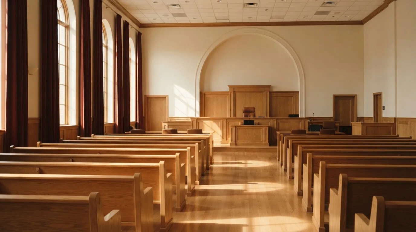 An empty courtroom with wooden benches in morning light