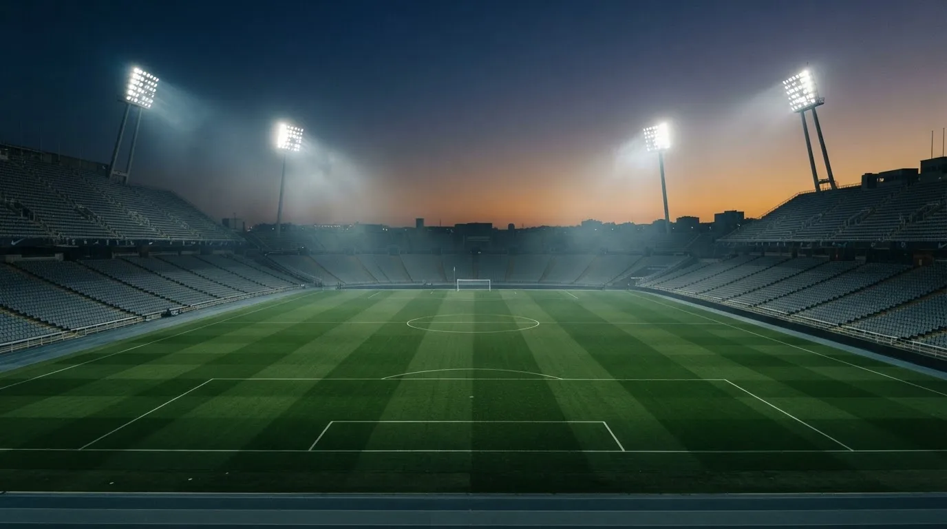 An empty football stadium with floodlight masts at dusk