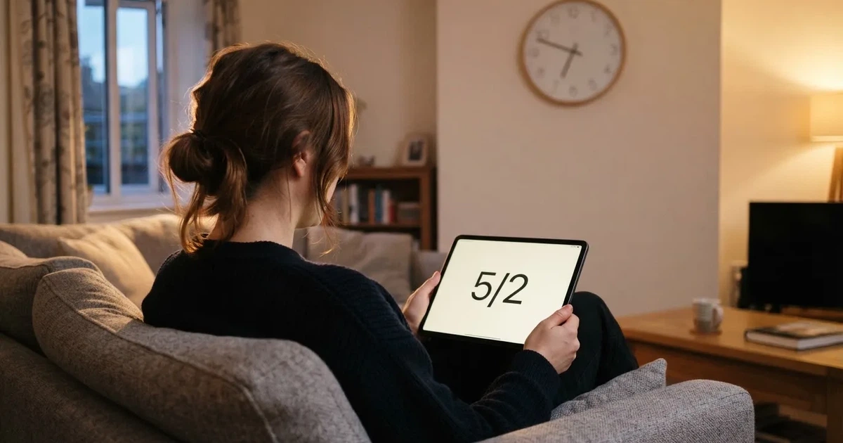 A person on a sofa looking thoughtfully at a tablet, a wall clock in the background