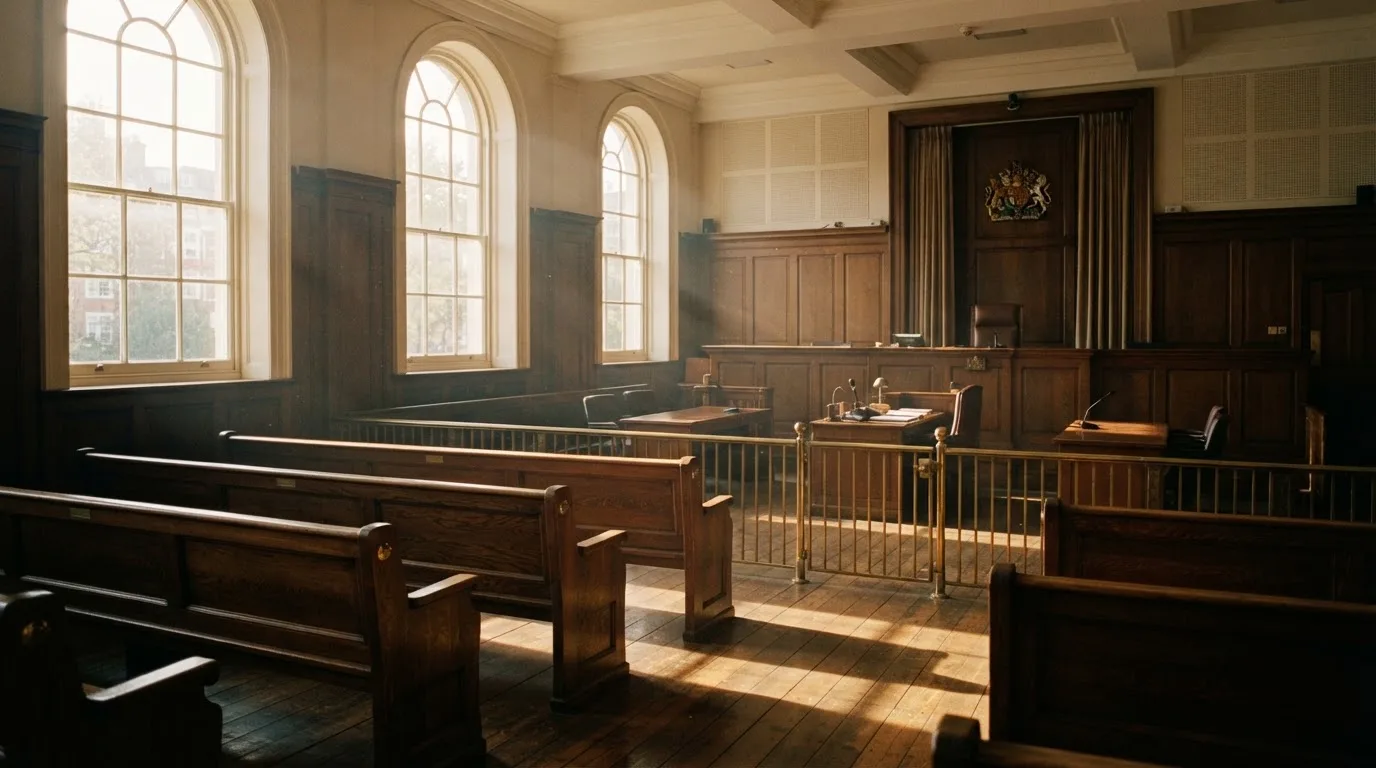 An empty courtroom with wooden benches in morning light